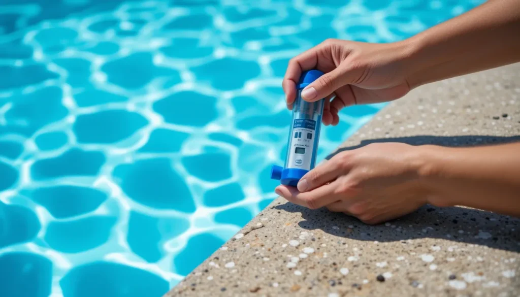Mãos de uma pessoa realizando um teste químico da água ao lado de uma piscina perfeitamente lisa, simbolizando a importância da manutenção preventiva.