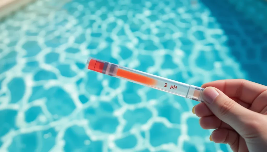 Close-up de um kit de teste de água de piscina mostrando um resultado de pH baixo (ácido), com o fundo enrugado da piscina de vinil desfocado ao fundo.