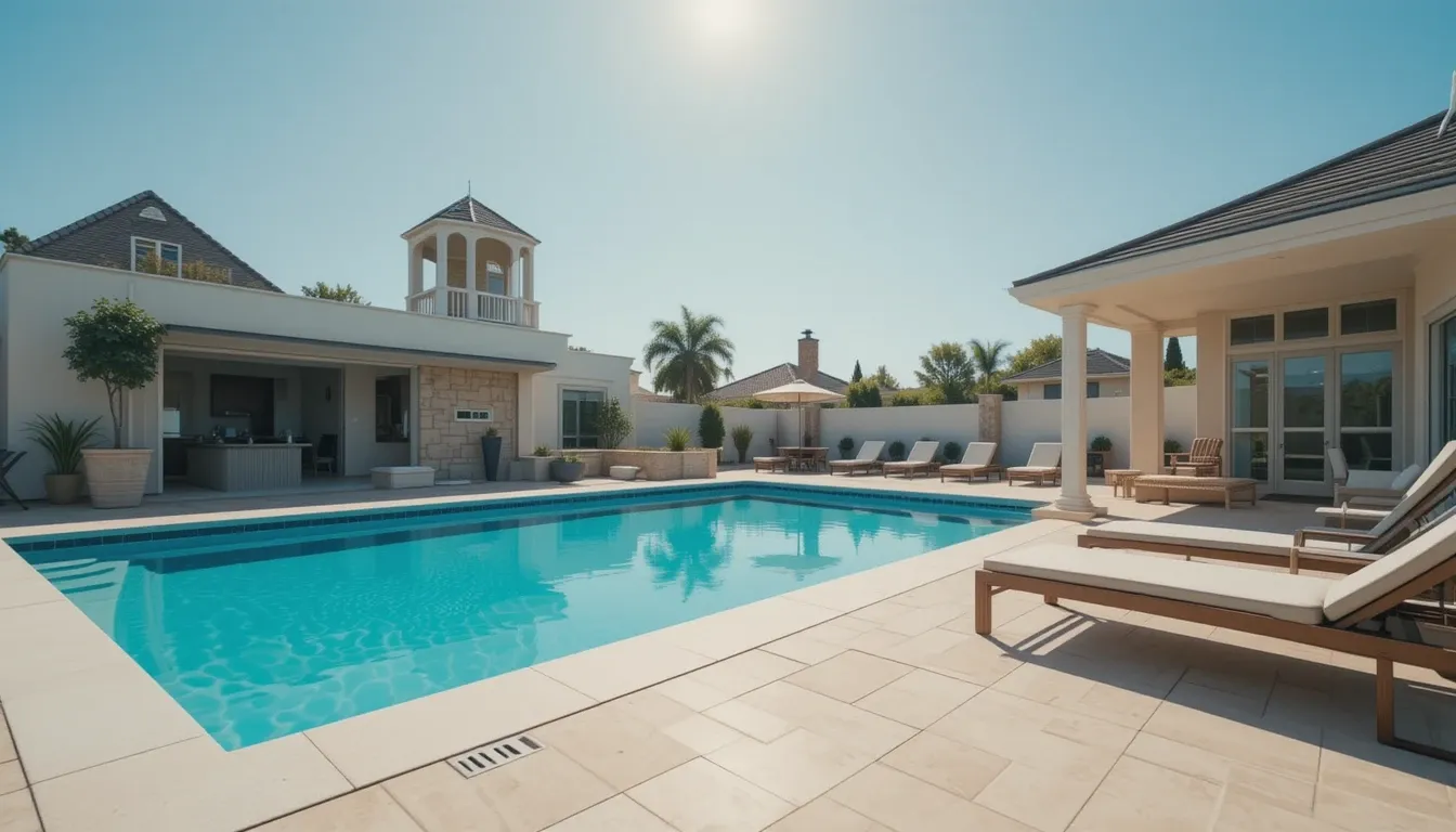 Vista de uma piscina com revestimento de vinil perfeitamente liso e água cristalina em um quintal ensolarado, representando o resultado ideal de uma boa manutenção.