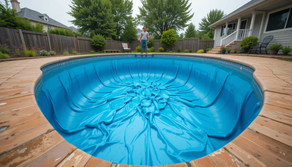 Dono de piscina olha com preocupação para múltiplas rugas no fundo do revestimento de vinil de sua piscina, ilustrando um problema comum e frustrante.