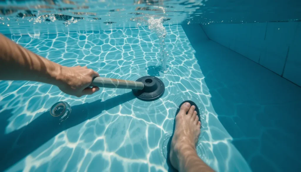 Pessoa dentro da piscina utilizando um desentupidor para criar sucção e esticar uma ruga no revestimento de vinil, demonstrando um método "faça você mesmo".