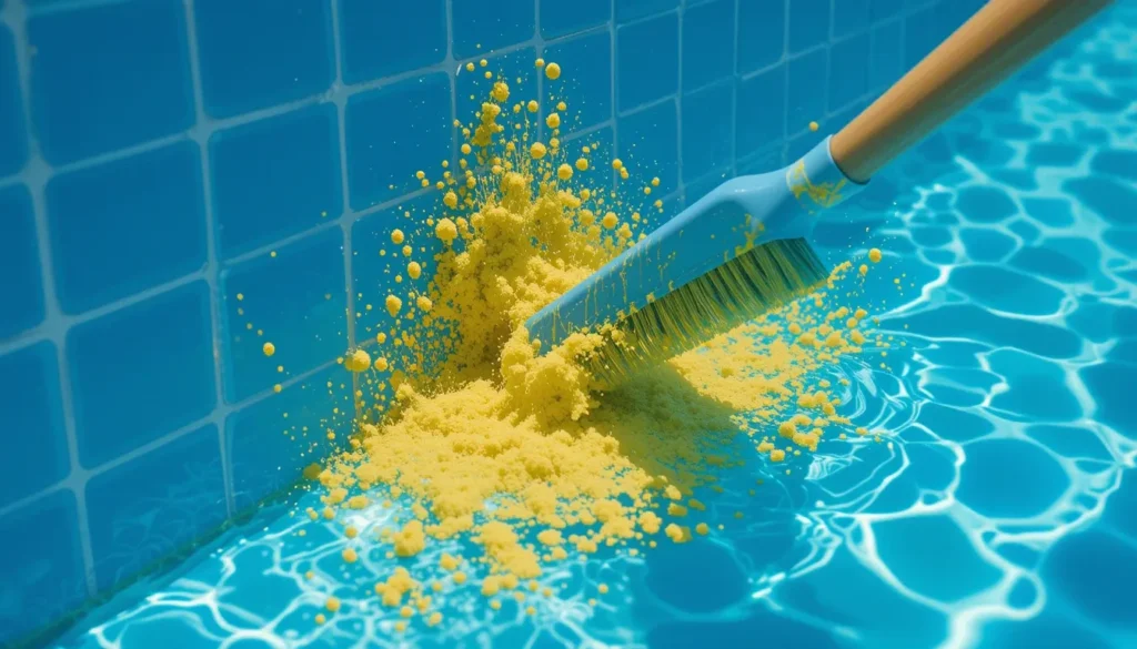 Escova de piscina limpando uma mancha de alga mostarda amarela da parede azul de uma piscina durante o processo de tratamento.