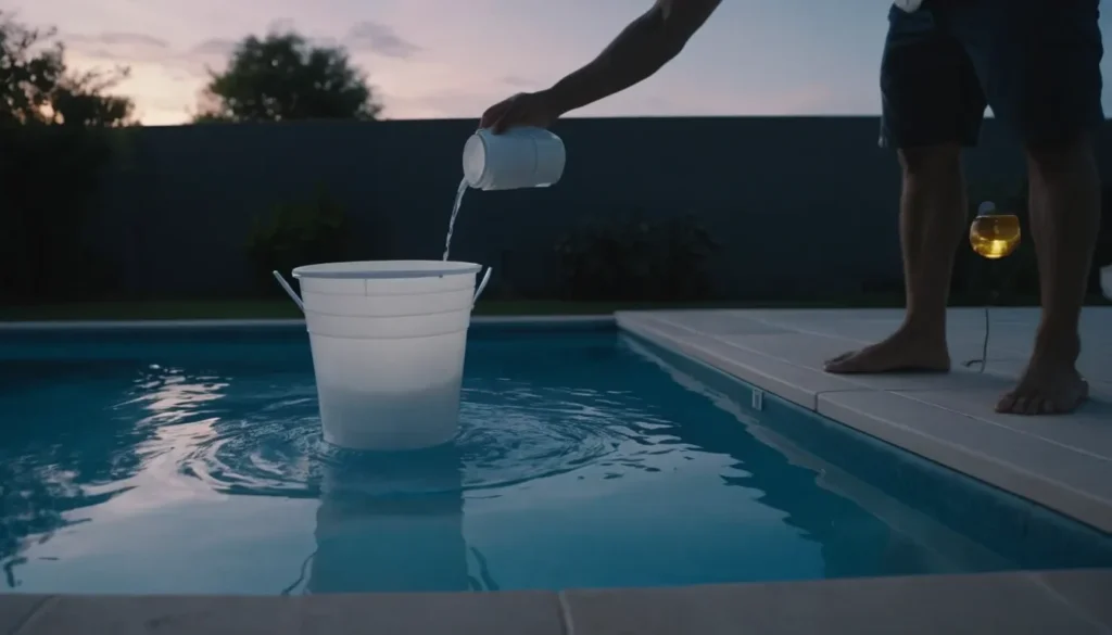 Como Eliminar a Alga Mostarda da Piscina Tratamento de choque sendo aplicado em uma piscina ao entardecer para eliminar a alga mostarda, garantindo máxima eficácia do cloro.
