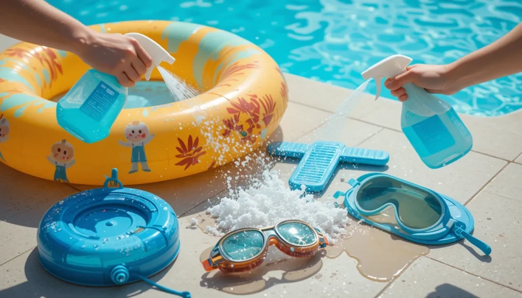 Como Eliminar a Alga Mostarda da Piscina Limpeza e desinfecção de boias, brinquedos e equipamentos de piscina para prevenir a recontaminação por alga mostarda.
