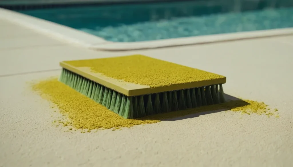 Como Eliminar a Alga Mostarda da Piscina Close-up da textura em pó da alga mostarda acumulada nos degraus de uma piscina, antes de ser escovada.