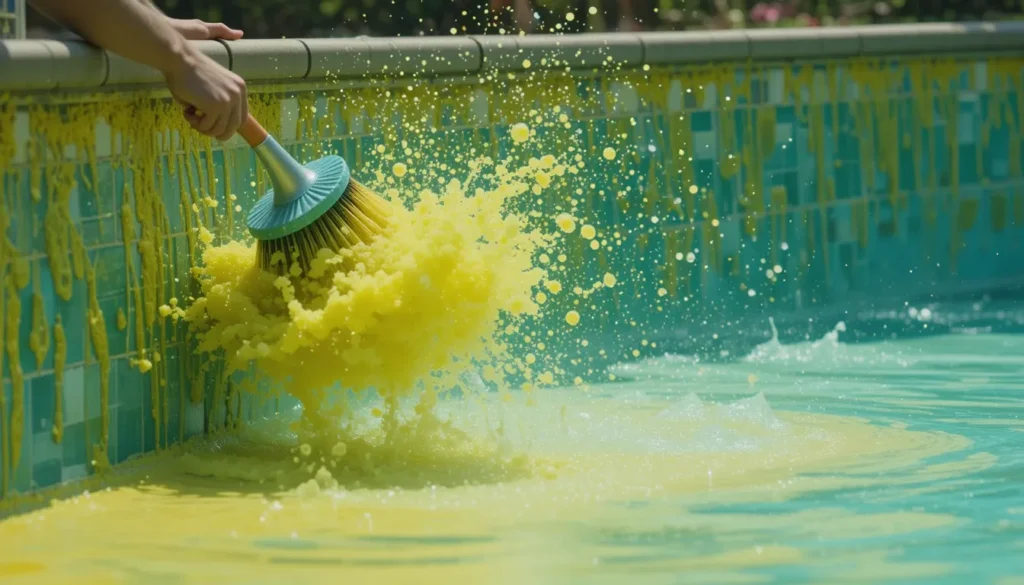 Como Eliminar a Alga Mostarda da Piscina Pessoa realizando a escovação vigorosa da parede de uma piscina, levantando uma nuvem amarela de alga mostarda na água.