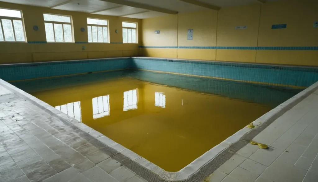 Como Eliminar a Alga Mostarda da Piscina Visão clara do fundo e das paredes de uma piscina infestada com alga mostarda, mostrando um pó amarelado característico do problema.