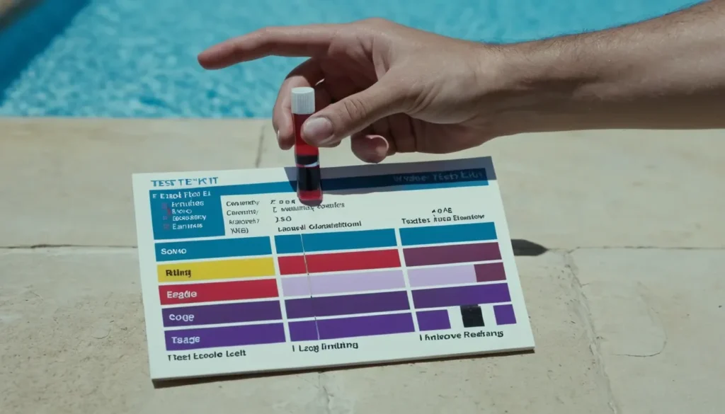 Como Eliminar a Alga Mostarda da Piscina Mão segurando um kit de teste de água que mostra um resultado de pH alto, uma das principais causas para o surgimento da alga mostarda.