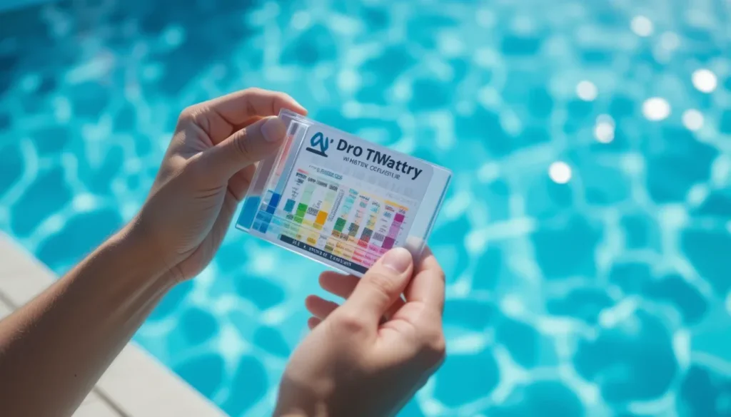 Uma pessoa usando um kit de teste de gotas para medir os níveis de pH e cloro da água da piscina.