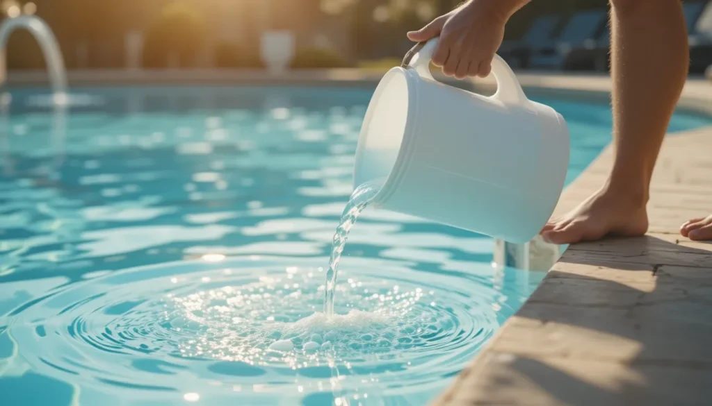 Pessoa adicionando cuidadosamente um produto químico diluído na água da piscina, perto de um jato de retorno para garantir a circulação.