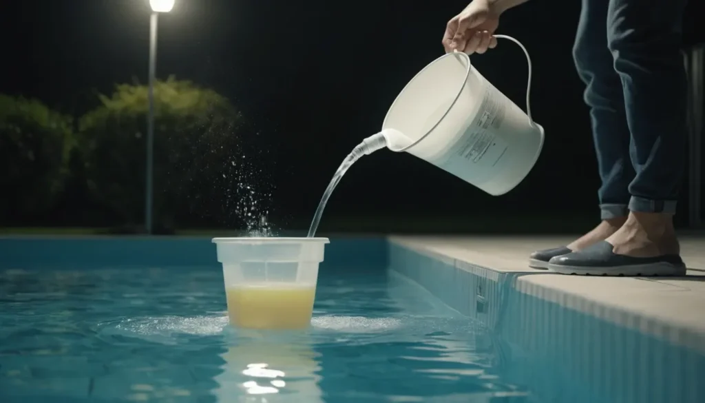 Supercloração de Piscina: O que é, Quando e Como Fazer Corretamente? Pessoa despejando lentamente uma solução de cloro diluído de um balde na água da piscina à noite, garantindo uma distribuição uniforme e segura do produto.