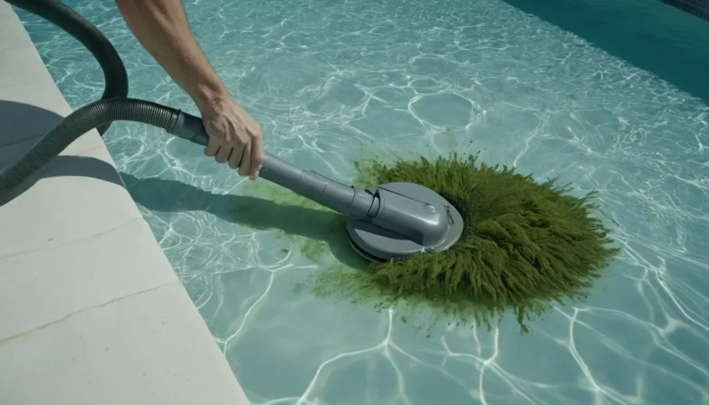 Supercloração de Piscina: O que é, Quando e Como Fazer Corretamente? Pessoa usando um aspirador de piscina para remover os detritos e algas mortas que decantaram no fundo após a supercloração, finalizando a limpeza