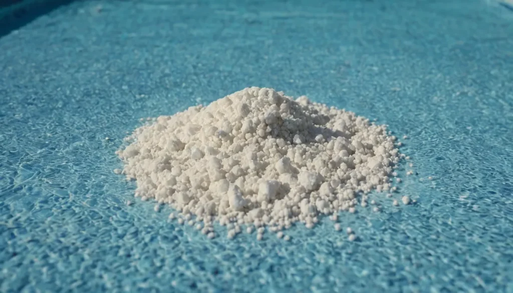 Supercloração de Piscina: O que é, Quando e Como Fazer Corretamente? Close-up extremo do fundo de uma piscina de vinil, mostrando uma mancha branca desbotada causada por grânulos de cloro que não foram dissolvidos corretamente