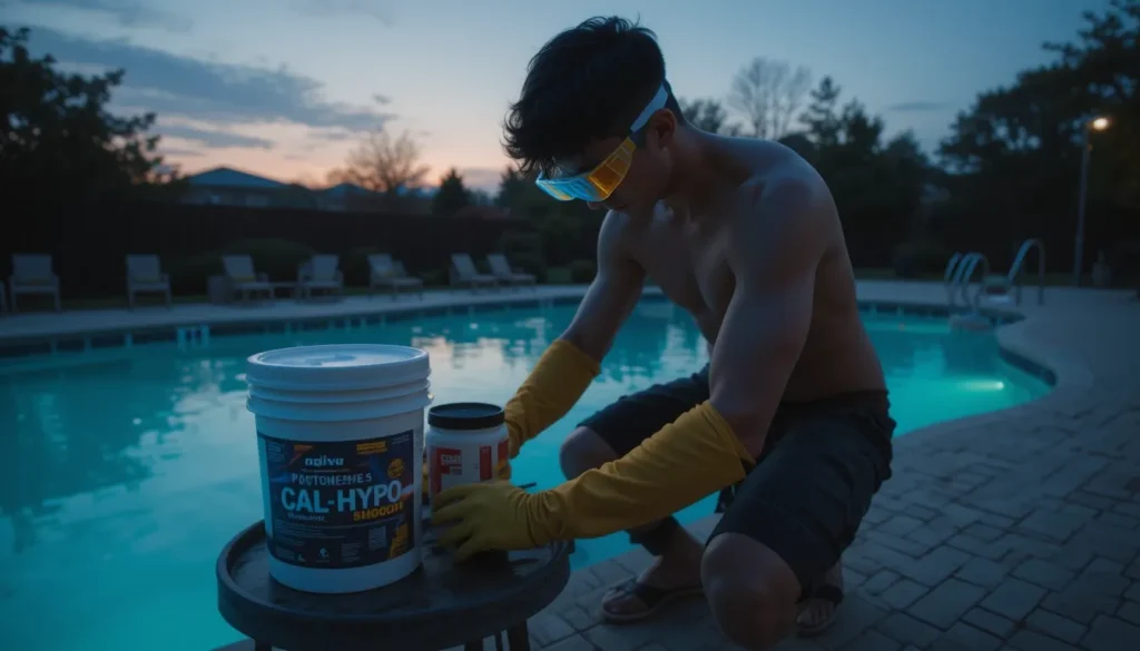 Supercloração de Piscina: O que é, Quando e Como Fazer Corretamente? Pessoa vista de costas, colocando luvas de borracha, com óculos de proteção e produtos químicos para piscina, como o cloro granulado, preparados ao lado da piscina ao entardecer.