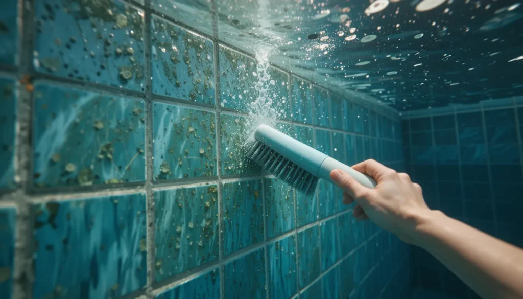 Pessoa utilizando uma escova de cerdas de nylon para esfregar vigorosamente a parede interna de uma piscina.