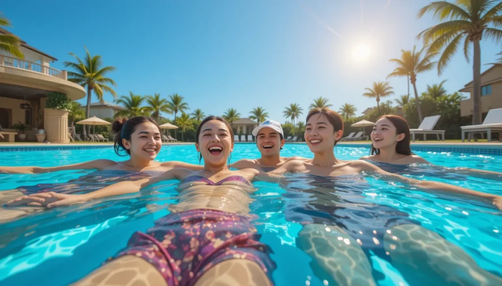 Imagem de uma família feliz em uma piscina perfeitamente limpa e azul em um dia de sol.