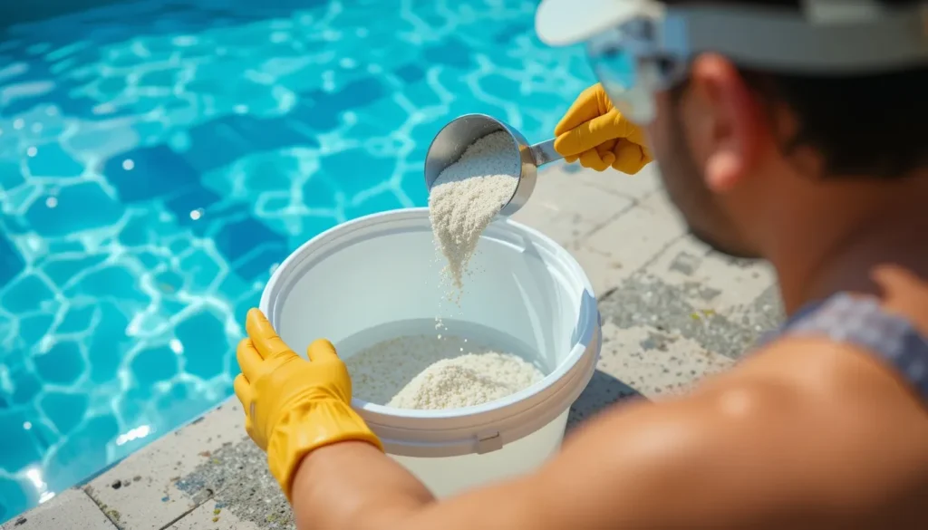 Pessoa usando luvas e óculos de proteção para diluir um produto químico da piscina em um balde.