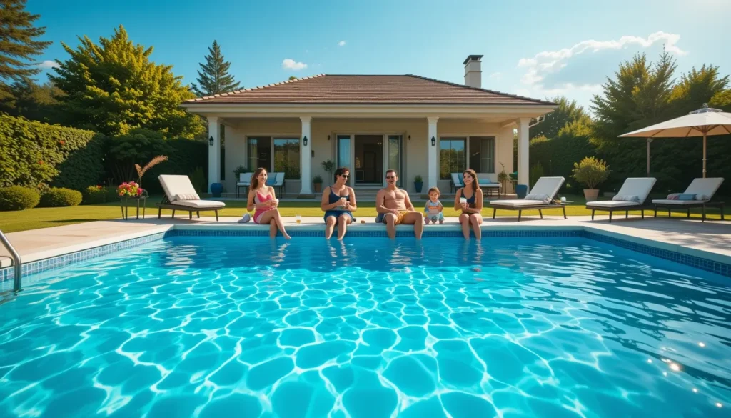 Uma família feliz relaxando ao lado de uma piscina perfeitamente limpa e cristalina em um dia ensolarado.