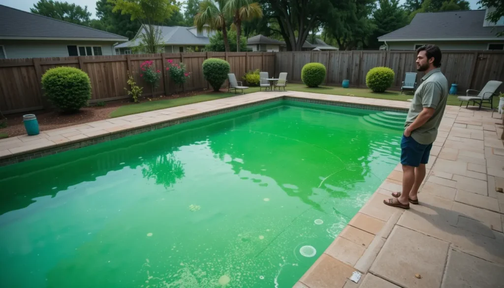 Imagem de uma piscina com água completamente verde, simbolizando a necessidade de manutenção.