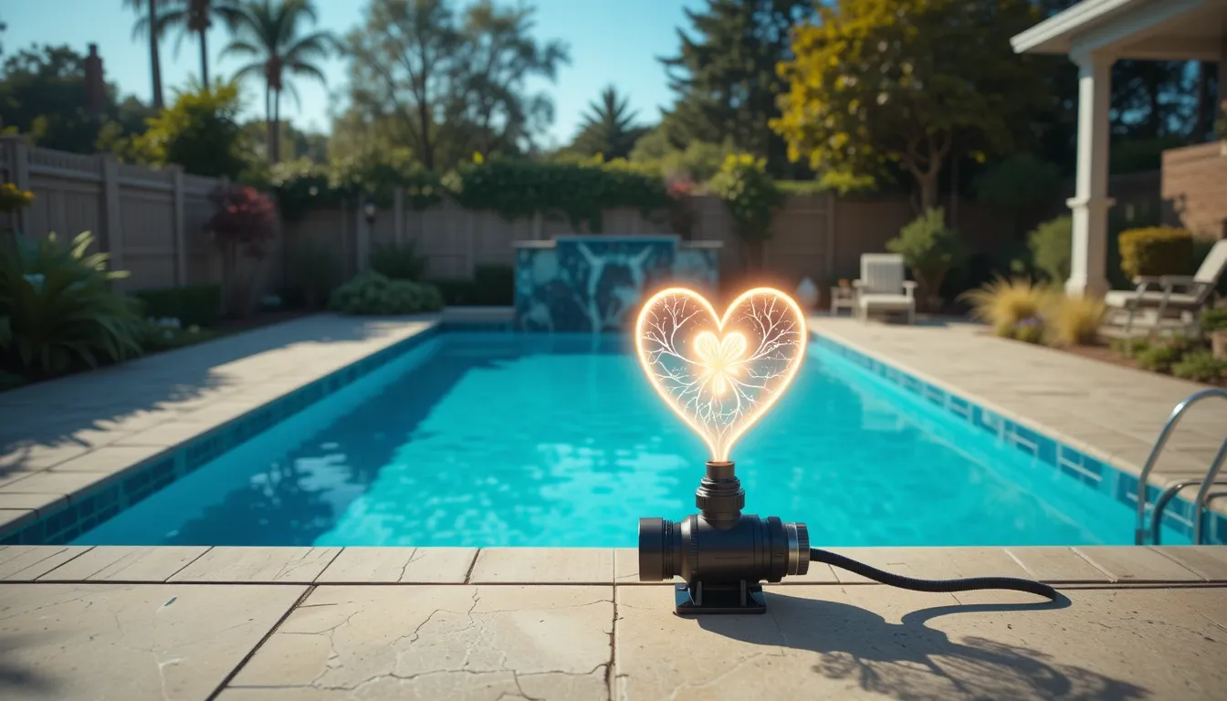 Ilustração de uma bomba de piscina funcionando perfeitamente em um quintal com uma piscina de água cristalina, com um gráfico de coração sobre a bomba para simbolizar sua importância.