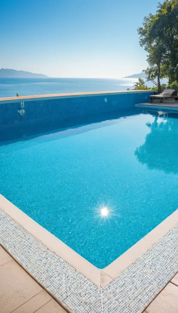 Imagem de capa de uma piscina com água perfeitamente azul e limpa em um dia ensolarado, refletindo a luz do sol