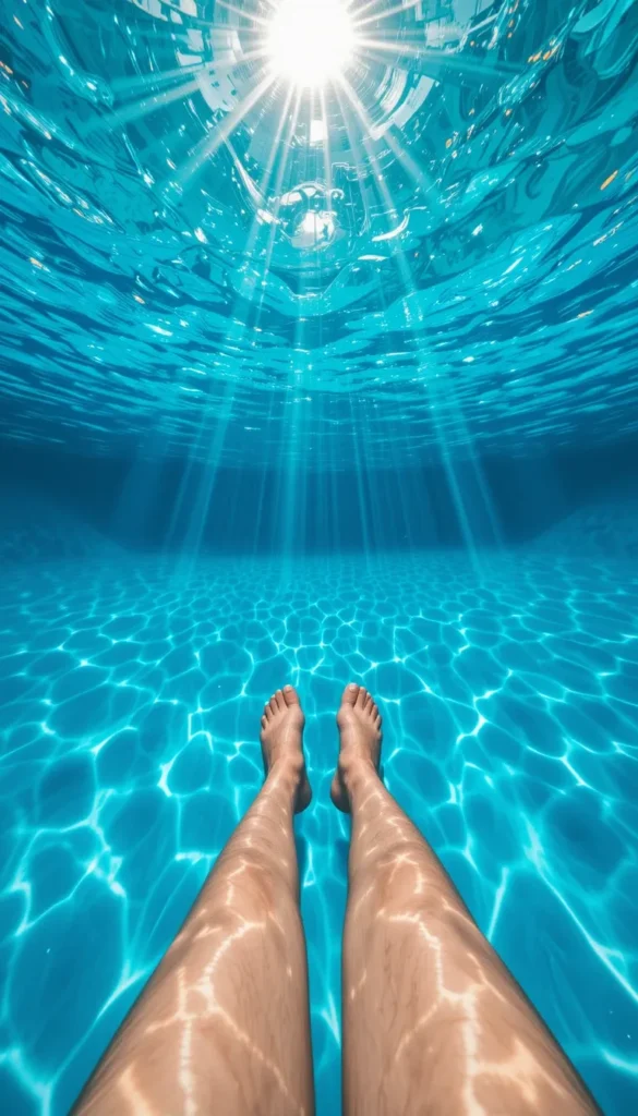 Visão de baixo para cima de uma pessoa mergulhando em uma piscina de água azul e cristalina, com raios de sol brilhando através da superfície.