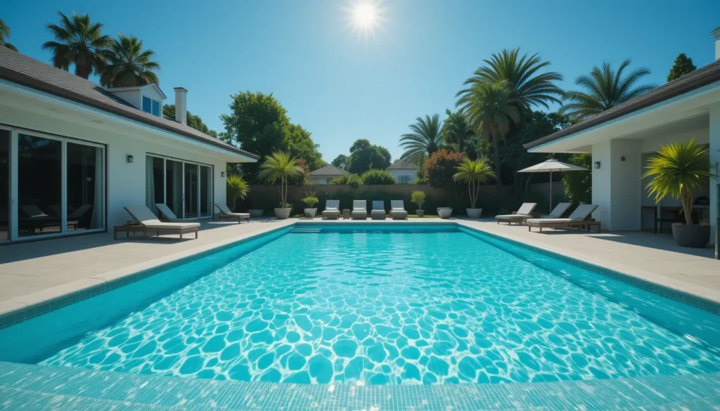 Imagem panorâmica de uma piscina residencial perfeitamente limpa e cristalina, com a água azul brilhante sob o sol, representando o resultado ideal da manutenção correta.