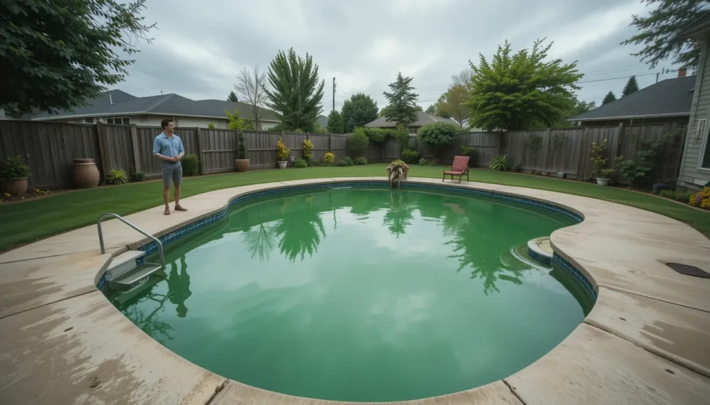 Supercloração de Piscina: O que é, Quando e Como Fazer Corretamente? Proprietário de piscina olha frustrado para a água completamente verde e turva de sua piscina, um sinal claro da necessidade de um tratamento de choque.