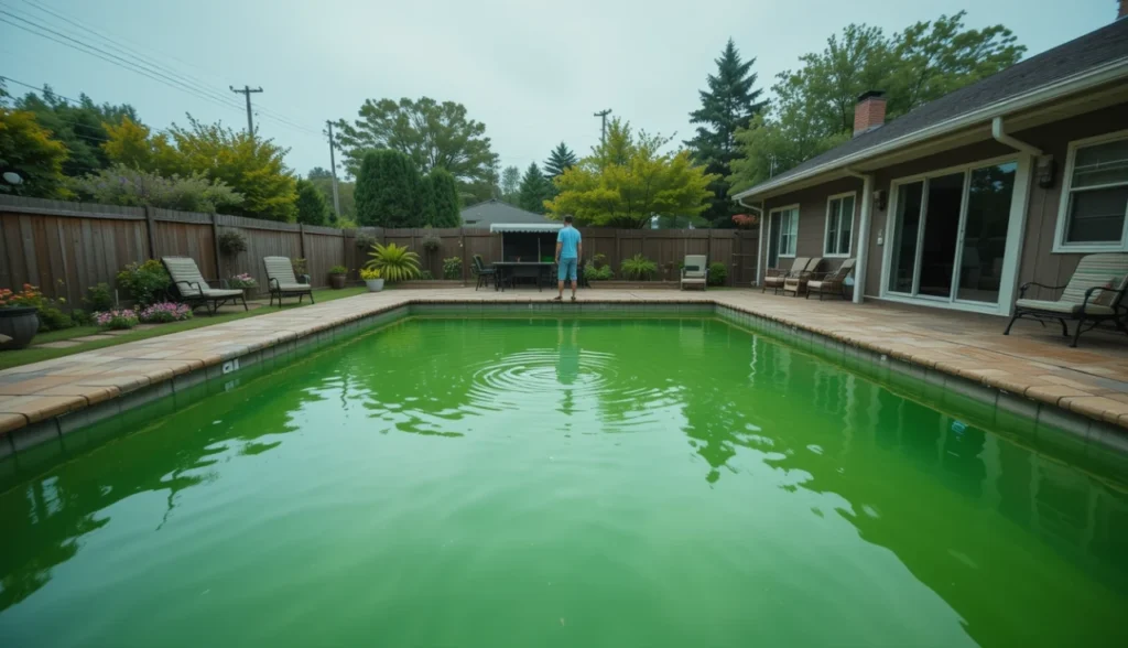 Proprietário frustrado olhando para sua piscina com água verde e completamente opaca, que se assemelha a um pântano.