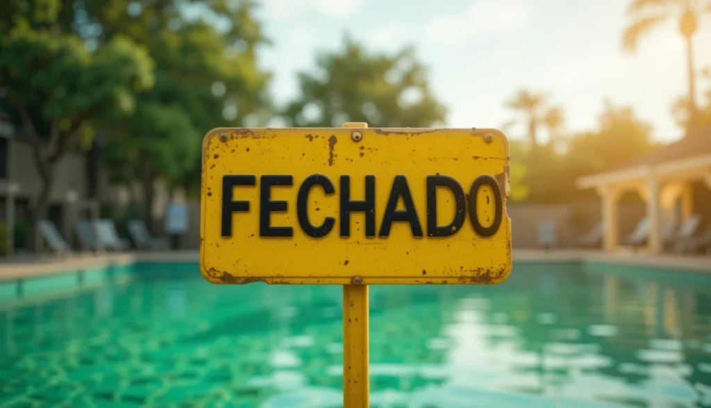 Placa de "Piscina Interditada" em primeiro plano, com uma piscina de água verde e perigosa desfocada ao fundo.