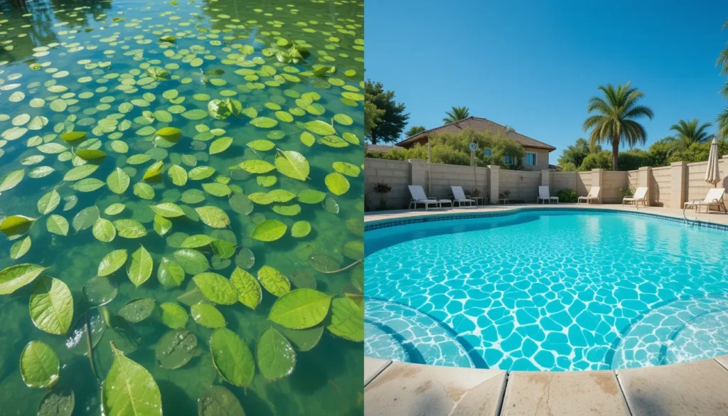 Montagem de imagem mostrando uma piscina verde e suja de um lado e a mesma piscina limpa e cristalina do outro.