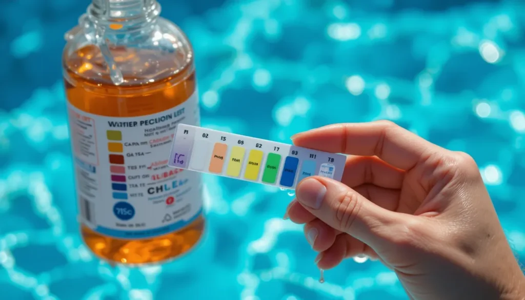Close-up de uma fita de teste de água de piscina sendo comparada com a tabela de cores para verificar os níveis de pH e cloro.