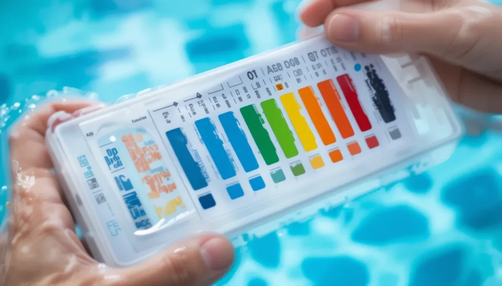 Supercloração de Piscina: O que é, Quando e Como Fazer Corretamente? Close-up das mãos de uma pessoa comparando as cores de uma fita de teste de água com o gráfico de referência do kit, com a piscina ao fundo.