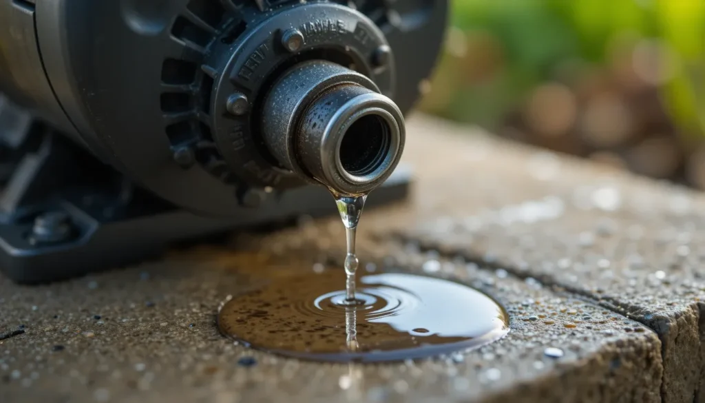 Guia de Manutenção da Bomba de Piscina: Resolva Problemas Comuns Foto em macro de um vazamento de água na junção entre o motor e a carcaça da bomba, sinal clássico de uma falha no selo mecânico que precisa de substituição.