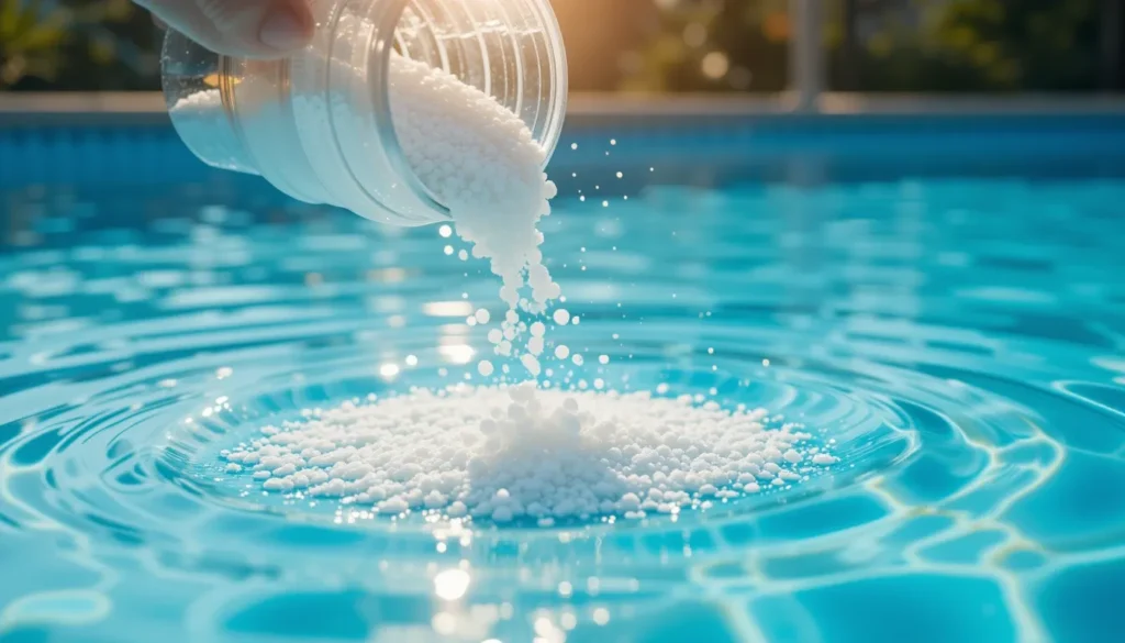 Close-up da aplicação de cloro granulado na água da piscina para garantir a higiene e a eliminação de microrganismos.