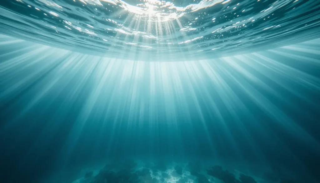 Visão subaquática de uma piscina com água turva e leitosa, mostrando o resultado esperado após a aplicação de algicida de choque, que indica a morte das algas.