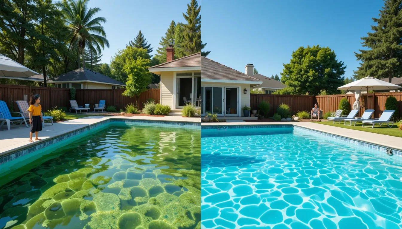 Imagem comparativa mostrando uma piscina dividida ao meio: um lado verde e com algas, e o outro lado azul e cristalino, ilustrando o problema e a solução.