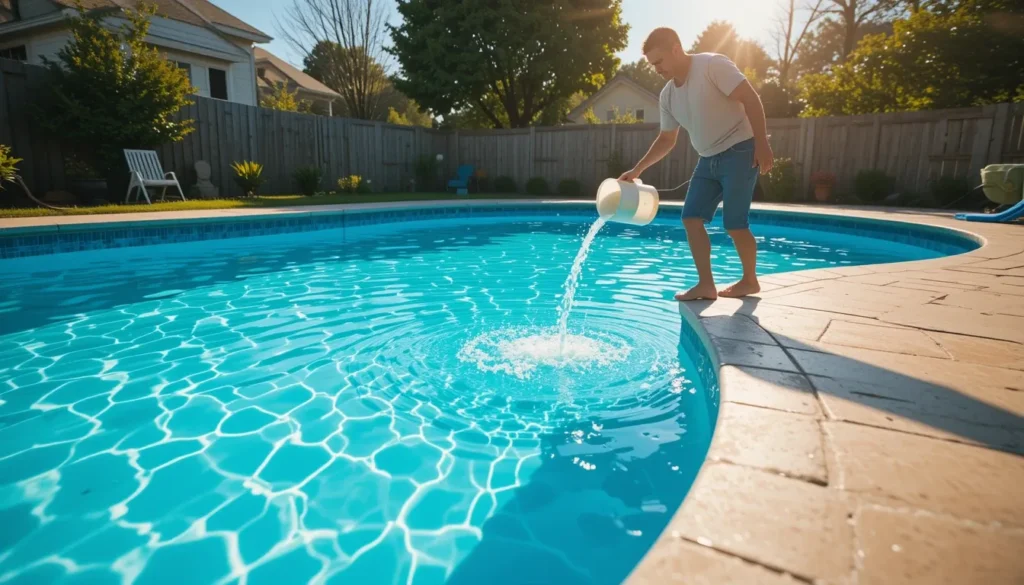 Pessoa aplicando algicida de manutenção em uma piscina limpa e azul como parte da rotina semanal de cuidados para prevenir o surgimento de algas.