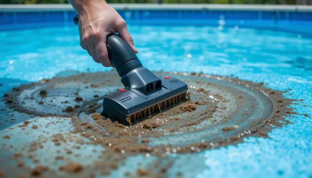 Close-up de um aspirador manual removendo a sujeira decantada do fundo de uma piscina de plástico, mostrando a lona limpa por onde ele passa