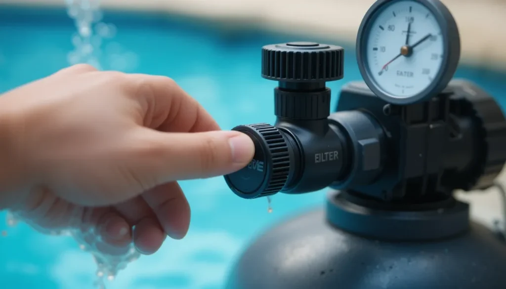 Clarificante para Piscina: O que é, Como e Quando Usar para Ter Água Brilhando Close-up da mão de uma pessoa ajustando o cabeçote do filtro da piscina para a posição "Filtrar", etapa fundamental após a aplicação do clarificante.