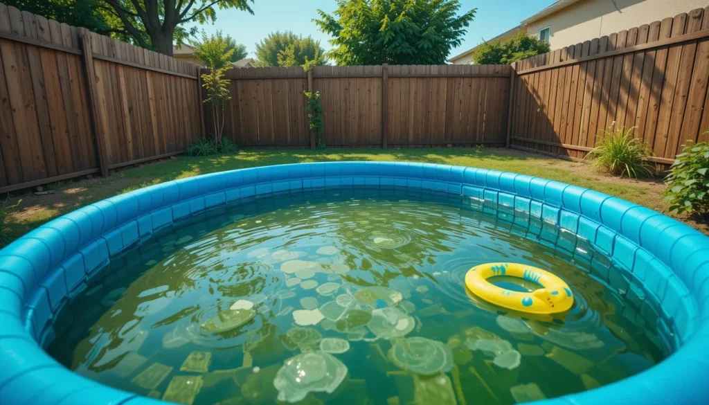 Piscina de plástico com água suja e turva em um quintal, representando o desafio de limpar uma piscina sem bomba e filtro