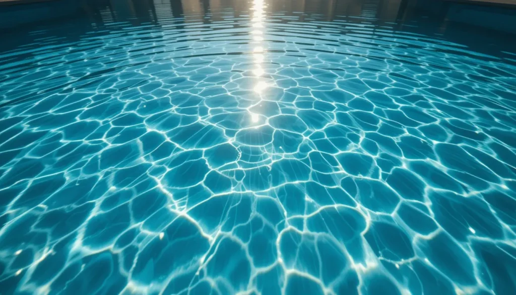 Imagem de uma piscina com água perfeitamente transparente e brilhante, refletindo a luz do sol, demonstrando o resultado ideal do uso correto do clarificante para piscina.