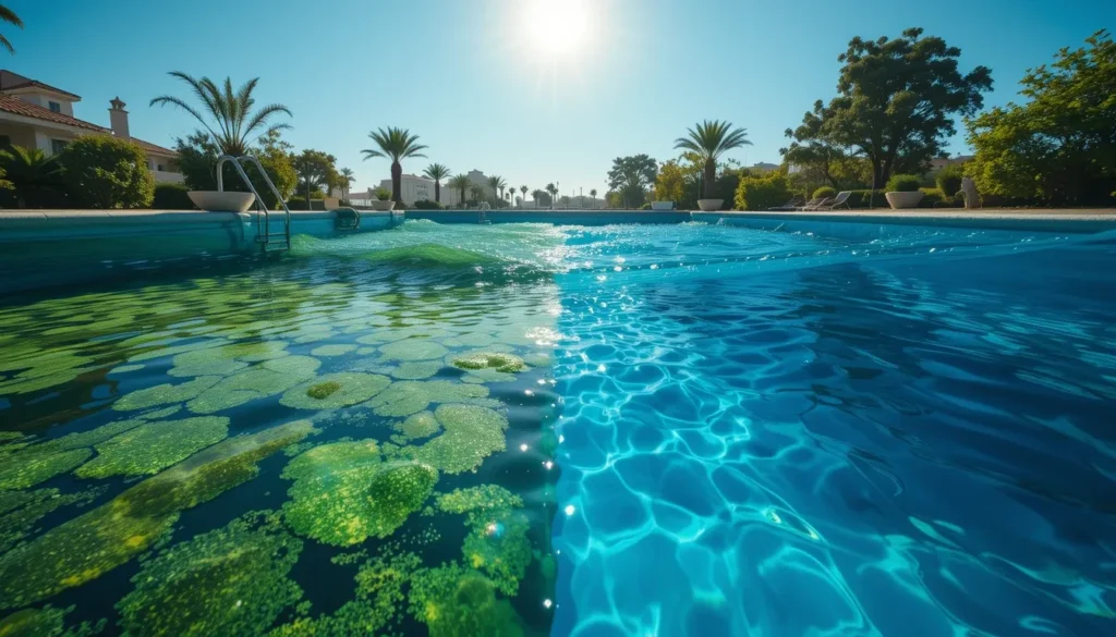 Imagem comparativa mostrando metade de uma piscina verde e suja e a outra metade limpa e cristalina após o tratamento com sulfato de alumínio.