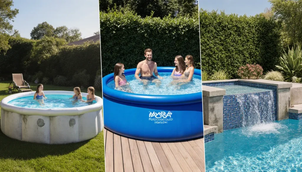 Piscina de Plástico Vale a Pena? Vantagens, Desvantagens e Custos Uma imagem comparativa mostrando lado a lado uma piscina de plástico, uma de fibra e uma de alvenaria, destacando as diferenças estéticas e estruturais.