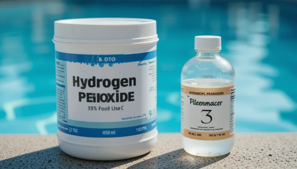 Comparação visual entre o peróxido de hidrogênio de alta concentração para piscinas e a água oxigenada de 3% de farmácia.