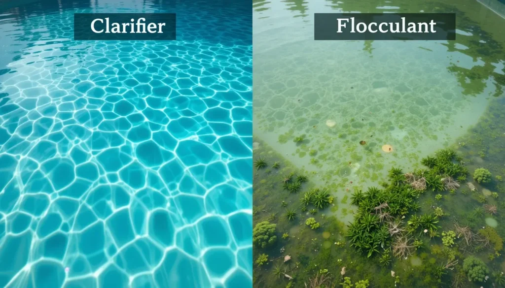 Clarificante para Piscina: O que é, Como e Quando Usar para Ter Água Brilhando Imagem comparativa dividida: à esquerda, uma piscina com água levemente turva, ideal para clarificante; à direita, uma piscina muito suja com sujeira decantada, necessitando de floculante.