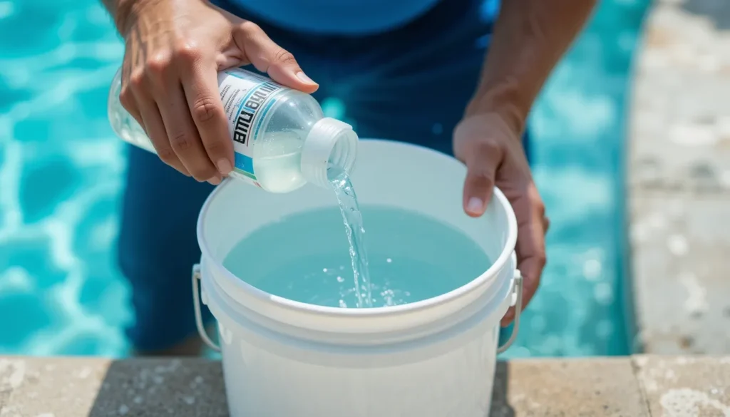 Clarificante para Piscina: O que é, Como e Quando Usar para Ter Água Brilhando Mãos de uma pessoa despejando cuidadosamente o clarificante líquido em um balde com água da piscina, demonstrando o passo de diluição antes da aplicaç