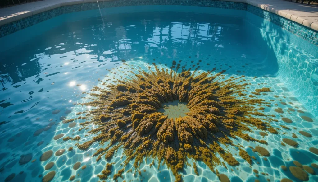 Fundo de uma piscina de plástico coberto por uma camada de sujeira decantada após o uso de floculante, com a água da parte de cima já clara