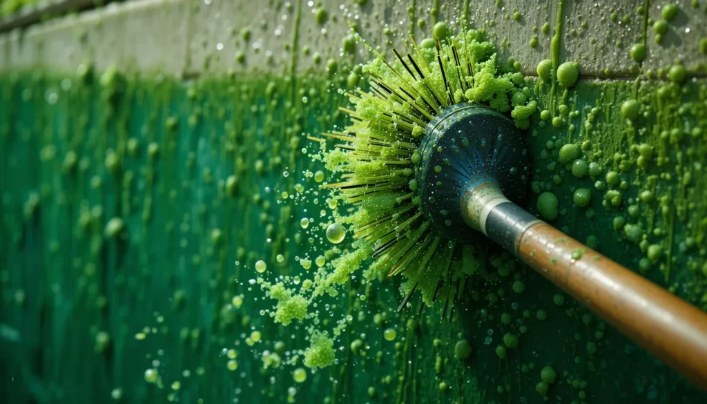 Close-up de uma escova de piscina esfregando vigorosamente a parede de uma piscina verde, soltando as algas incrustadas antes do tratamento de choque.