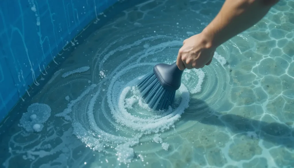 Pessoa escovando as paredes internas de uma piscina de plástico para remover sujeira e biofilme aderidos à lona